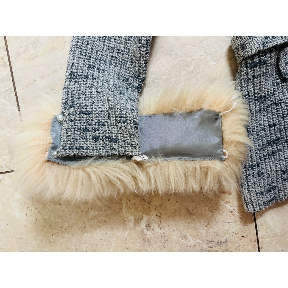 Vintage LeRoy Knitwear 70s Wool Blend Cardigan Real Lamb Fur Collar Cuffs Grey S - Picture 2 of 7